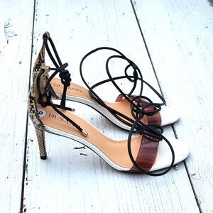 Dusano Women's White Brown Strappy Stiletto Snakeskin Heels Sz US 6 EU 36